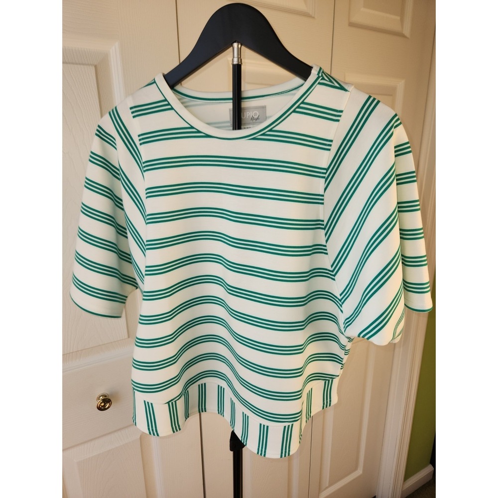Cupio Womens Colorful Green Striped Short Sleeve Pullover Top Size Medium